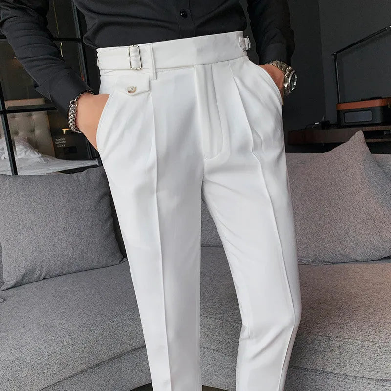 Men's straight-leg casual trousers in polyester available in multiple colours.