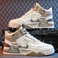 Men's beige, white, and blue high-top board shoes with lace-up front and rubber sole