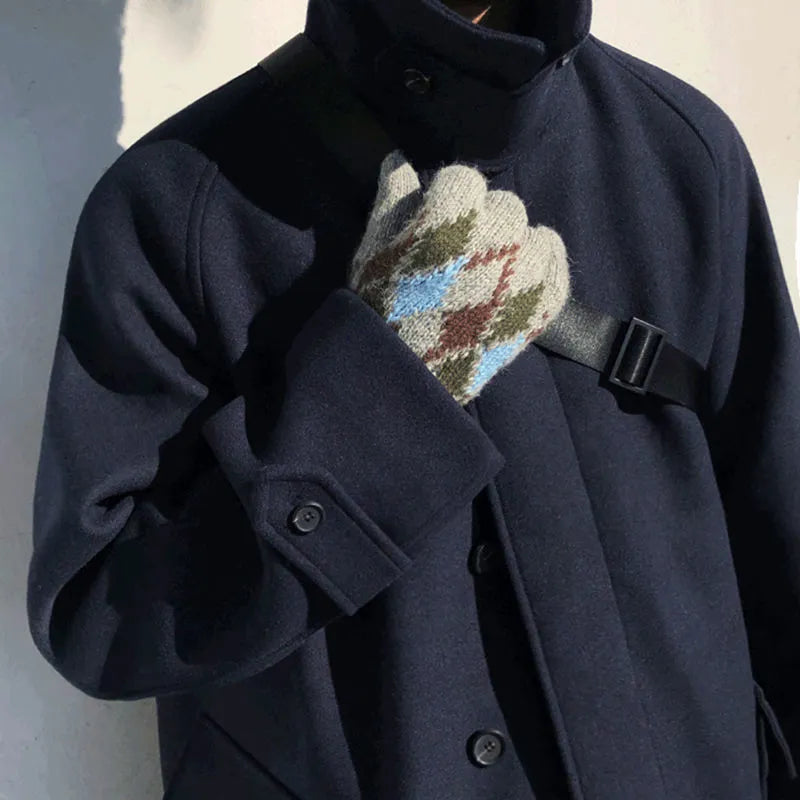 Plus size women wearing a British style blue wool look trench coat with slim fit