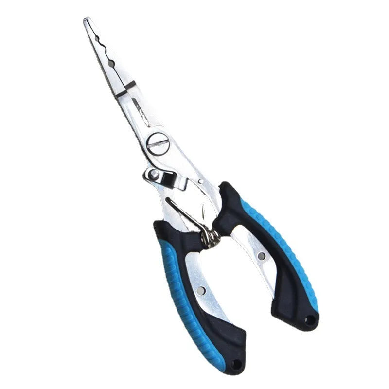 Multifunctional fishing pliers with blue handle, straight mouth, hook, and nylon storage bag.