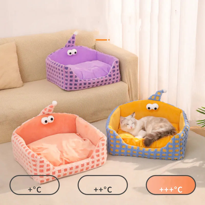 Triangular pet sleeping nest with removable sponge insert in green, purple and yellow colour options