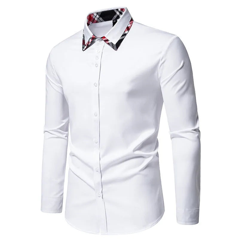 Men's plaid long sleeve shirt with triangle collar in black, blue, or white.