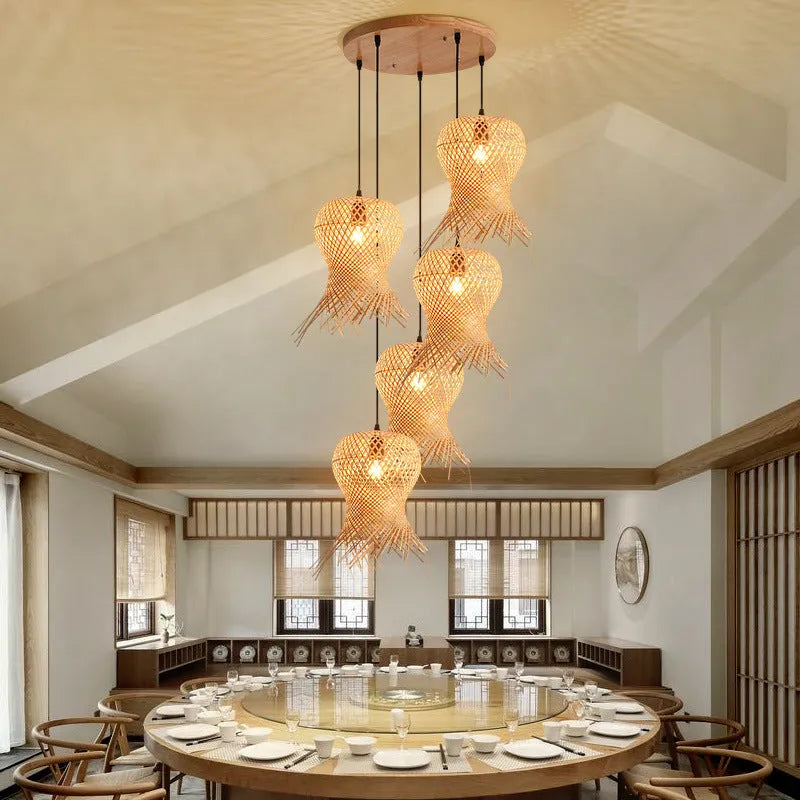 Bamboo woven chandelier with wood art frame new Chinese style ceiling lamp