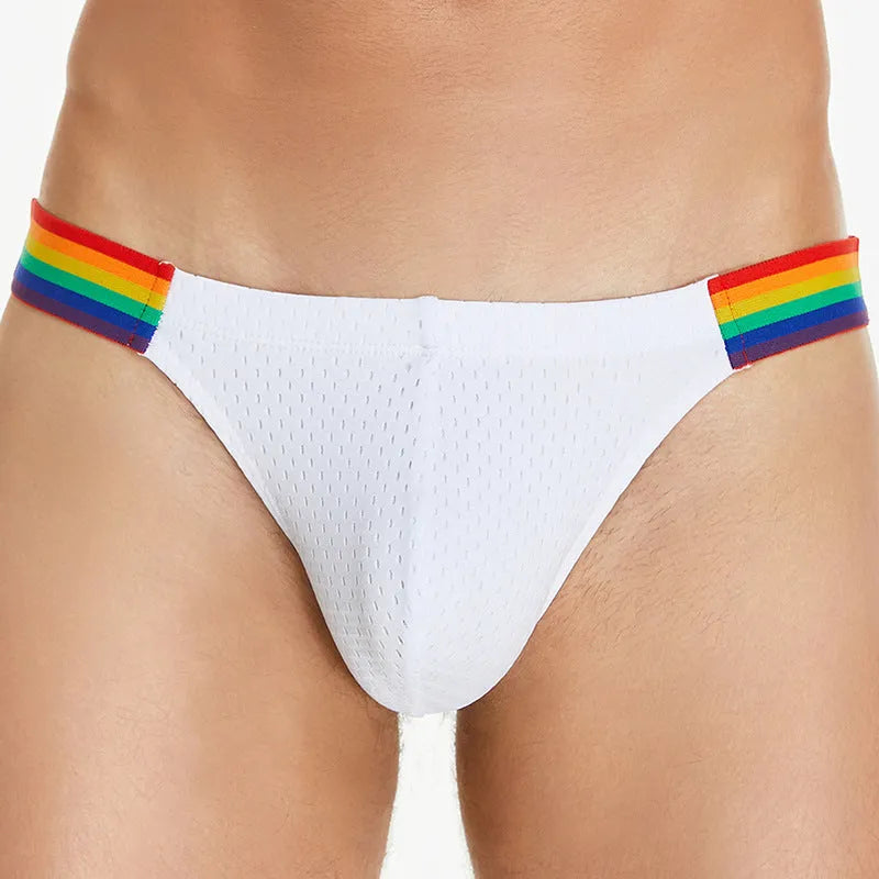 Men's nylon mesh briefs with low waist and rainbow waistband in black, white, and dark blue colours