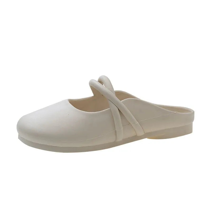 Women's plastic flip flop sandals with a toe cap in Baotou Green, Black, or Beige.