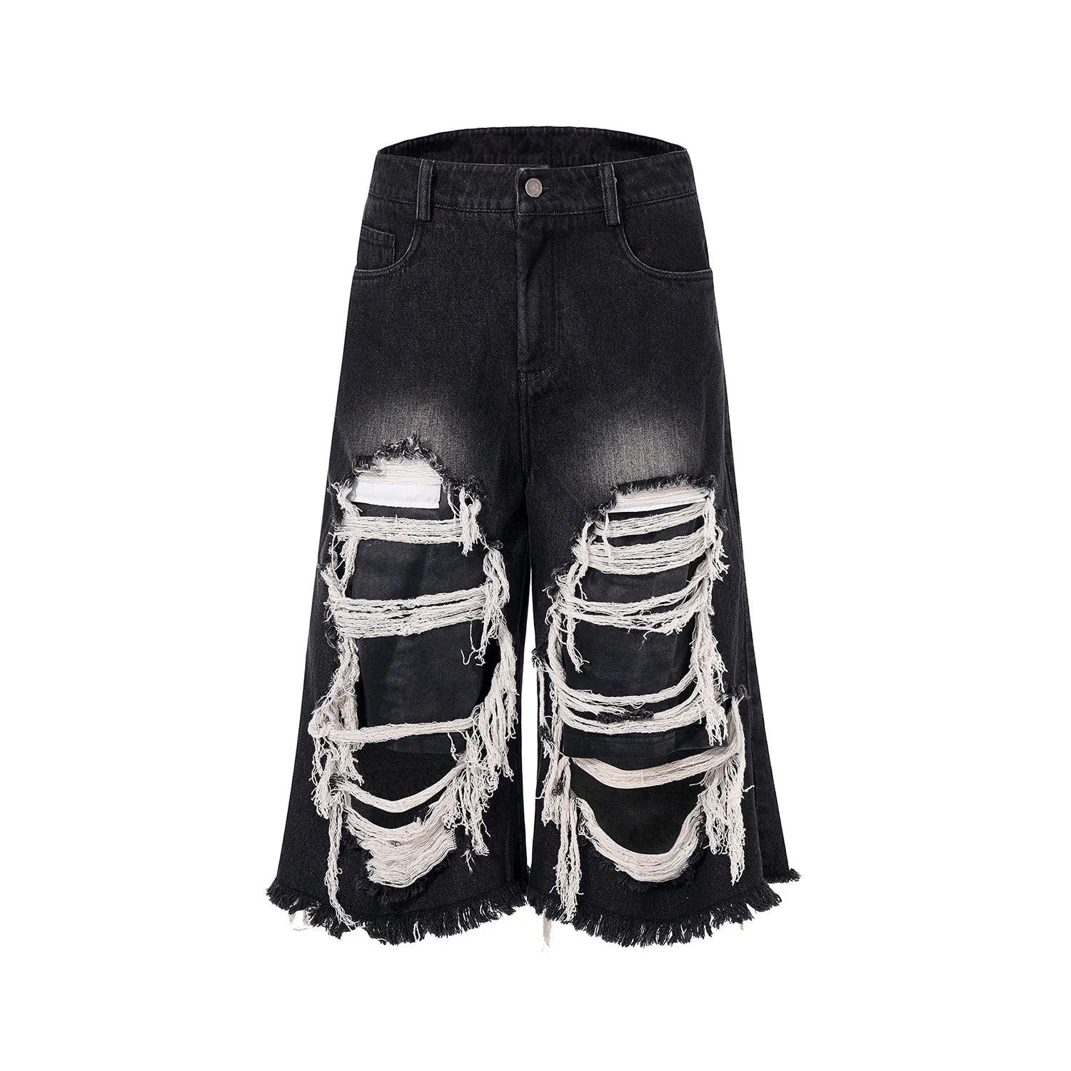 Black women's cropped wide-leg jeans with ripped patch detail on mid-high waist.