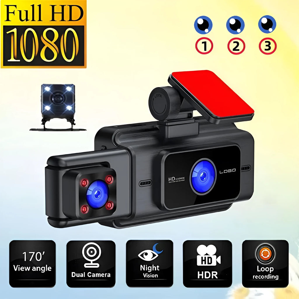 Black 3 lens dashboard camera for car windshield with 3 inch screen.