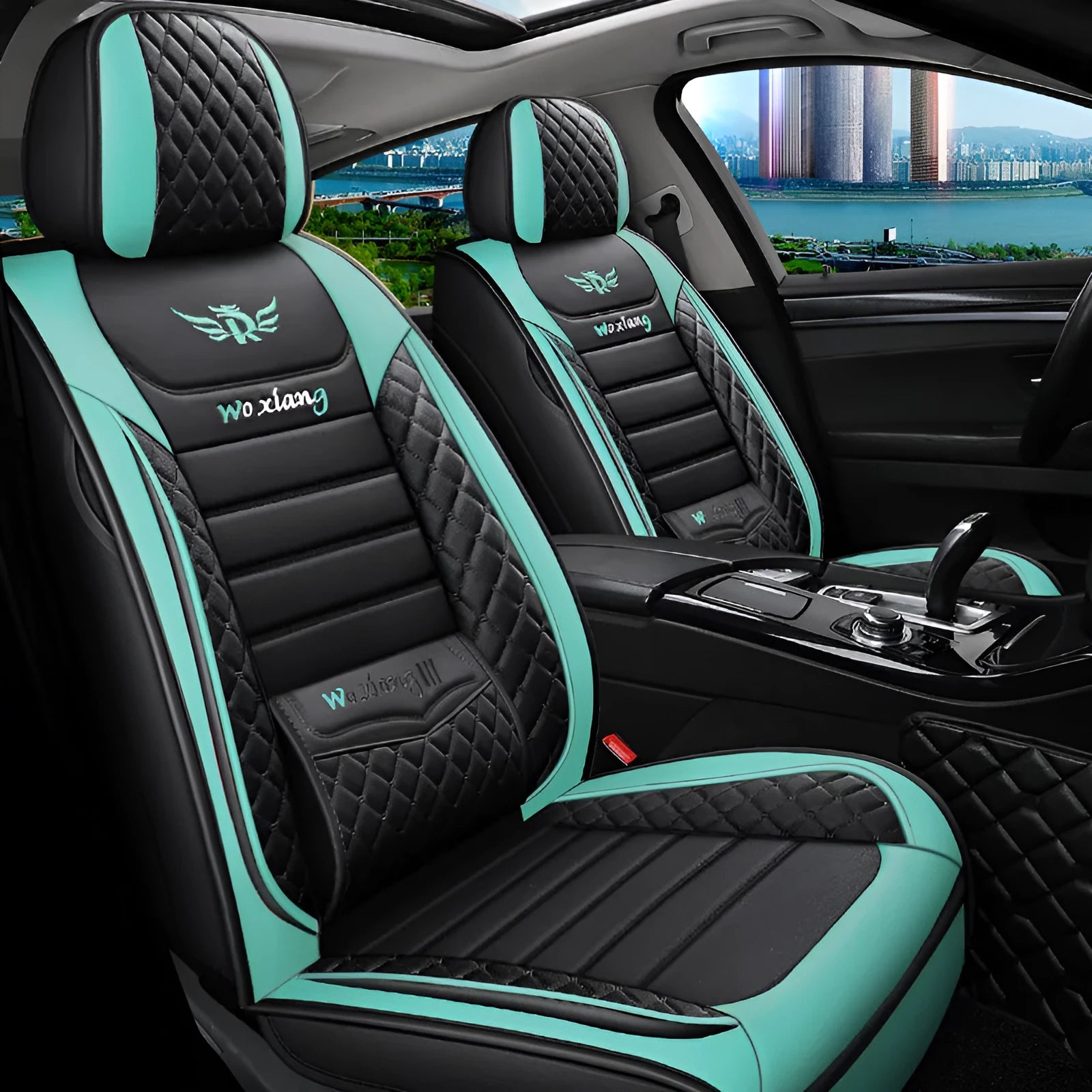 Red leather universal seat cushion with high elastic sponge filler on a car seat.