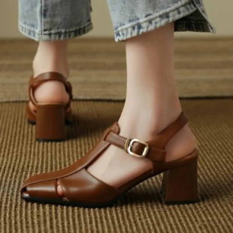 Women's closed toe chunky heel sandals in dark brown or black, retro hollow design, sizes 35-40