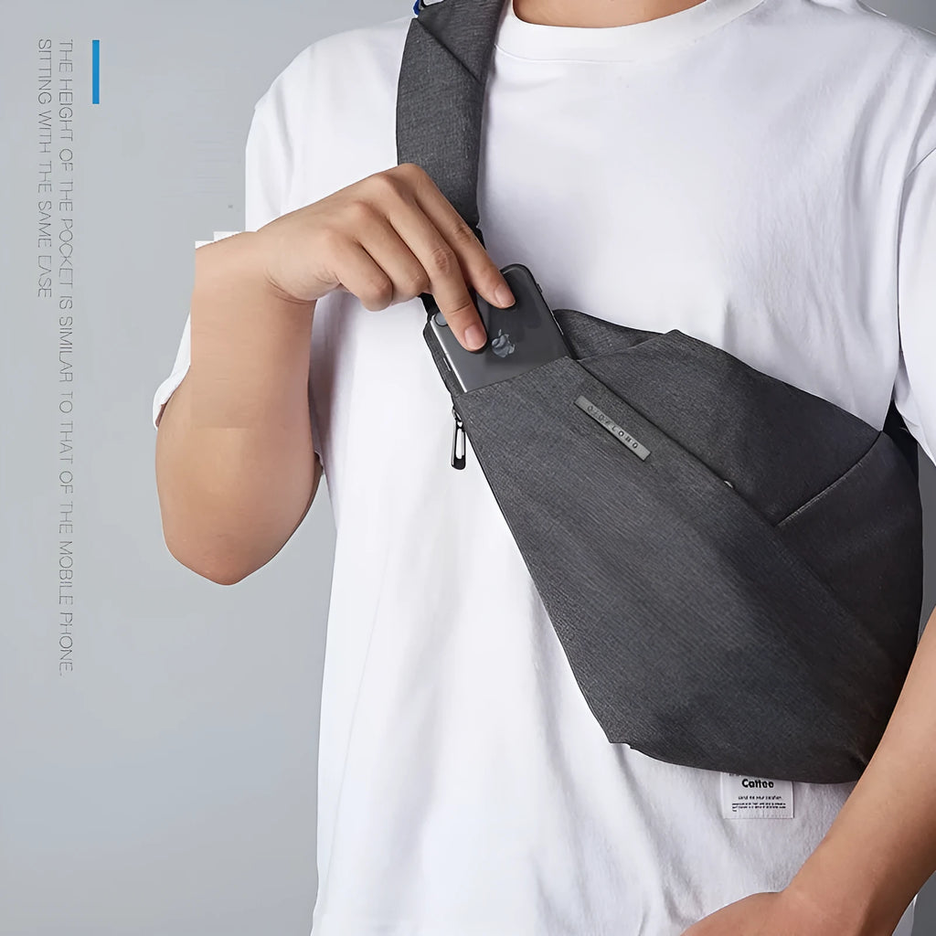 Dark grey right-shoulder polyester crossbody bag with anti-theft function, soft handle, file bag, and zipper pocket