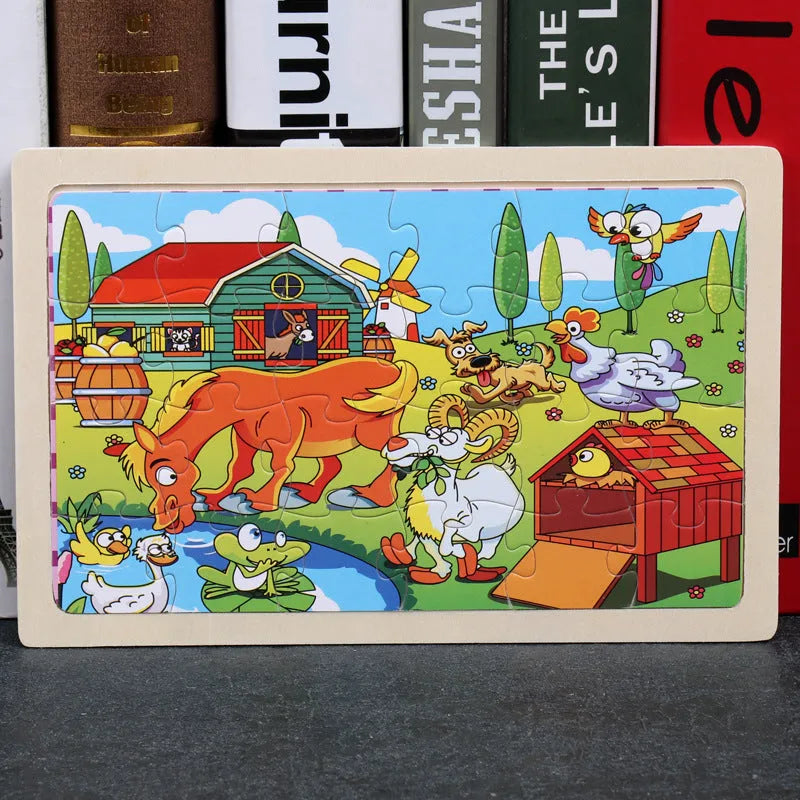 80-piece wooden jigsaw puzzle for kids age 3+, animal and transport styles in an iron box with non-toxic paint finish