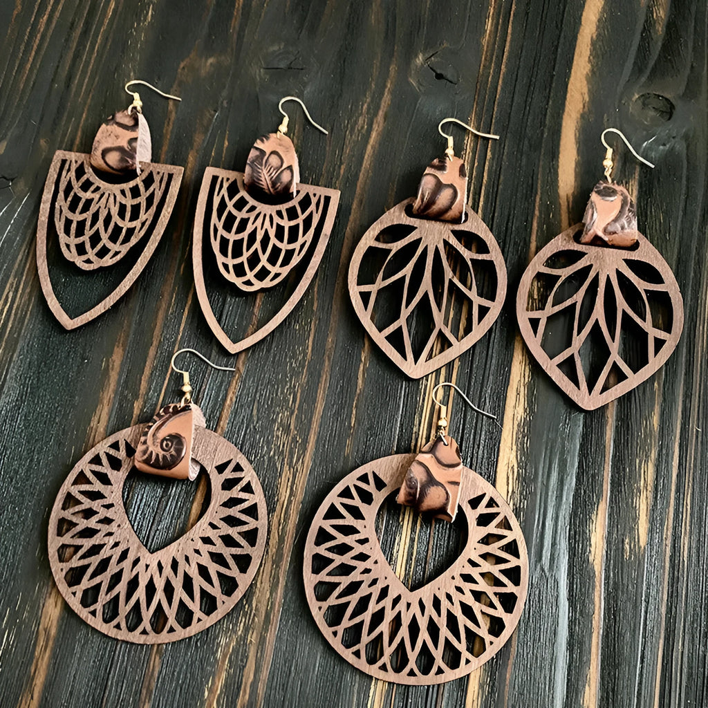 Retro wooden hollow mandala drop earrings with geometric round detailing, unisex, six styles, one pair