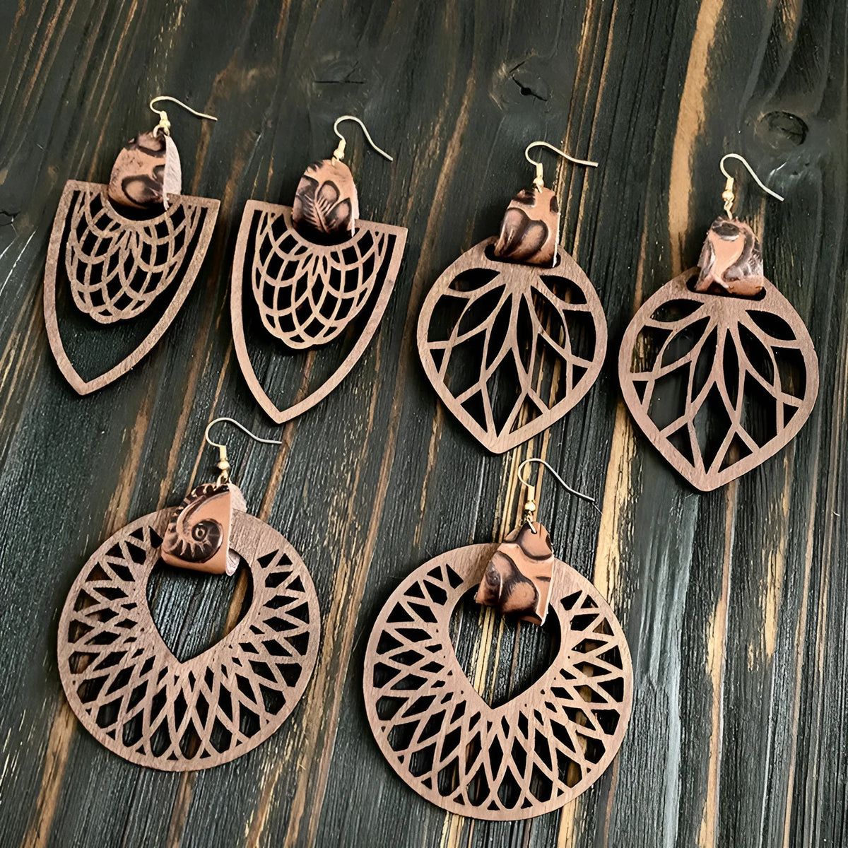 Retro wooden hollow mandala drop earrings with geometric round detailing, unisex, six styles, one pair