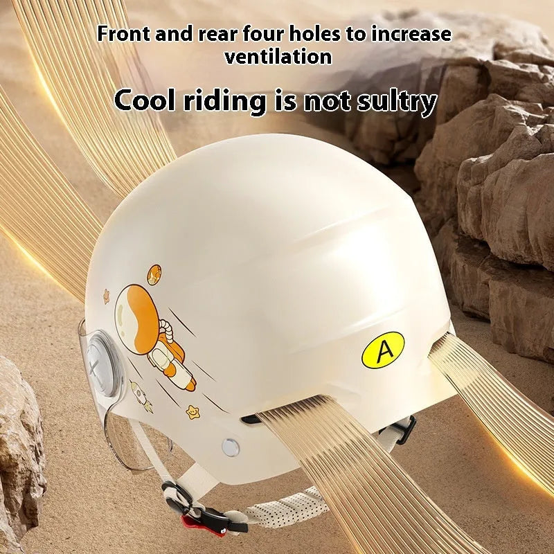 Khaki coloured electric motorcycle half helmet with a long clear visor on a grey background.