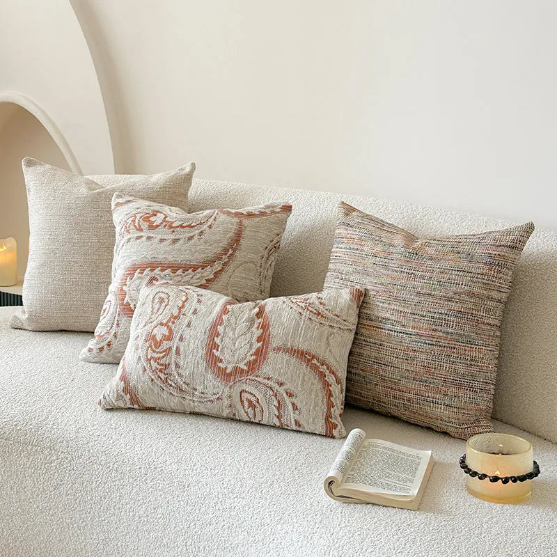American-style jacquard cushion cover with yarn-dyed paisley floral pattern in amber colours for sofa backrest