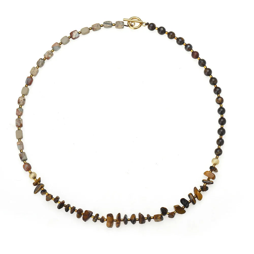 Brown Tigereye stone and bronze geometric bracelet with manual craftsmanship details