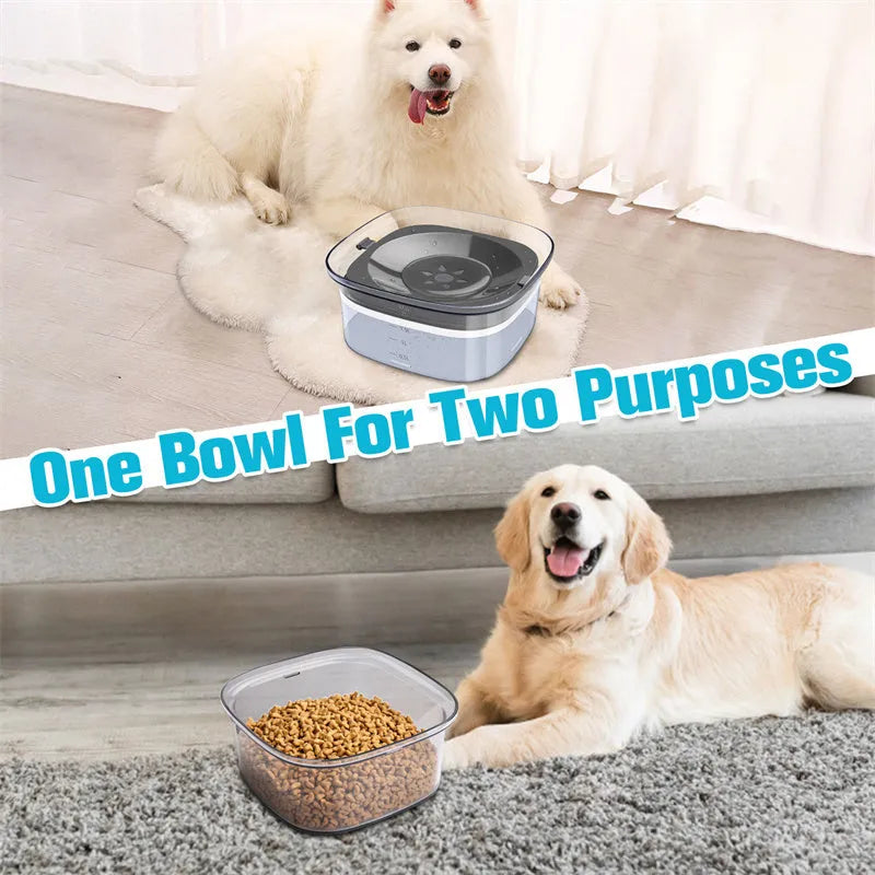Transparent large 2-litre dog water bowl with floating slow drink disc on a non-slip base.