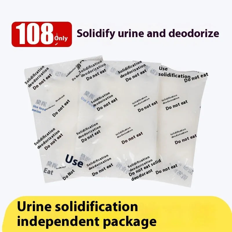 Disposable emergency urine bag kit with curing agent sachets and biodegradable garbage bags for travel.