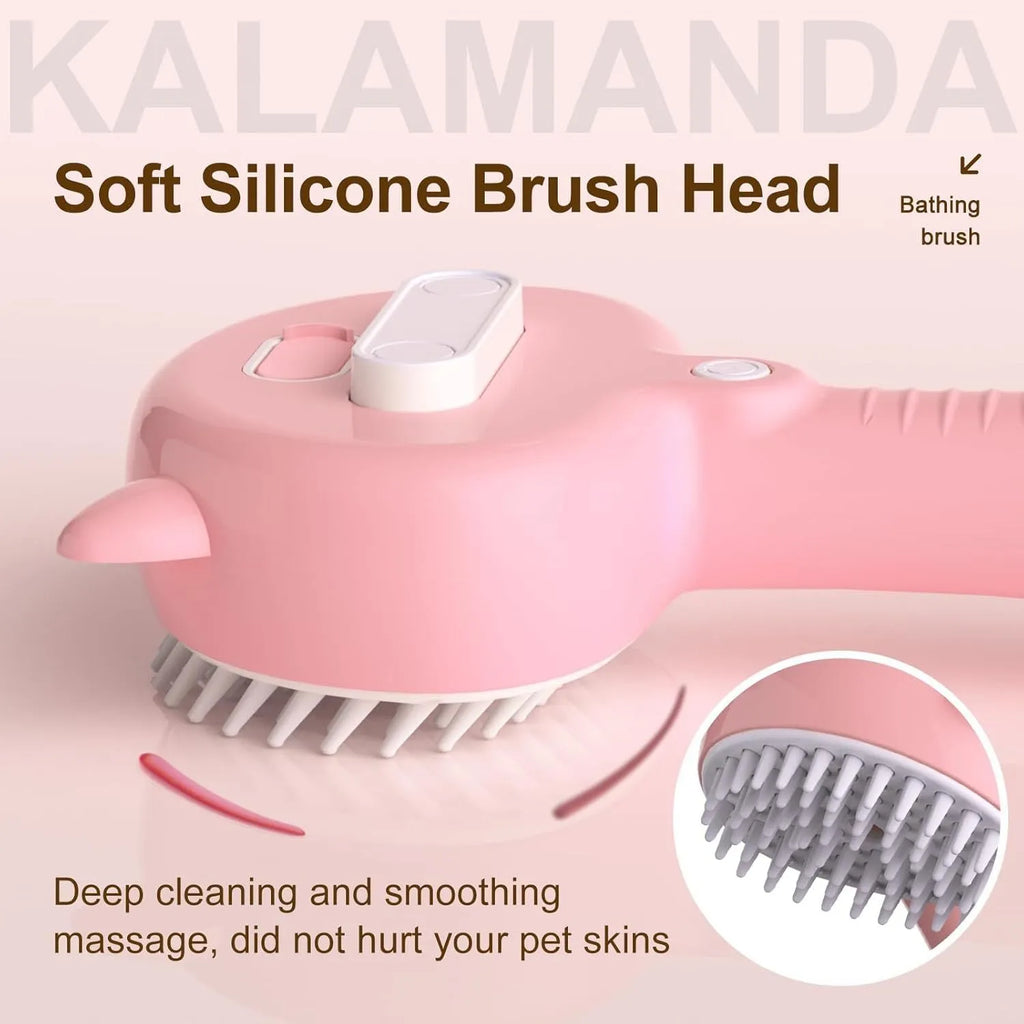 Cat ear-shaped steam brush with soft rubber bristles and release button for pet grooming