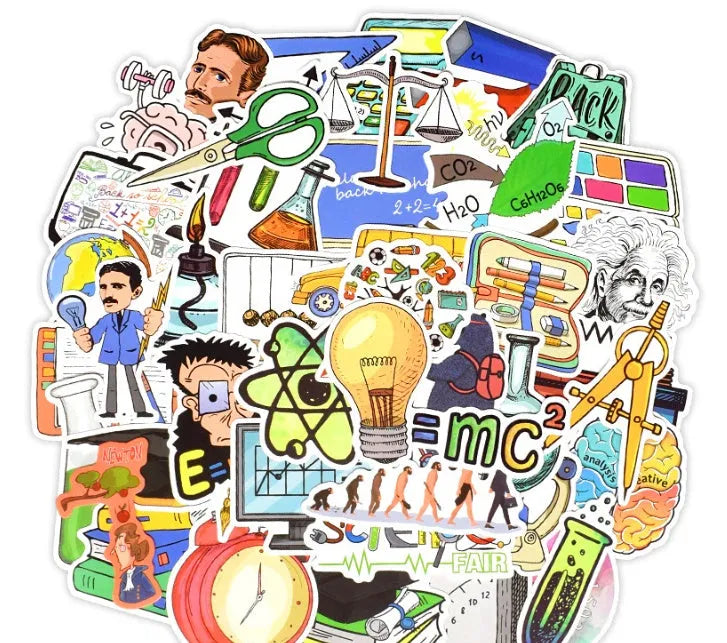 50 sheets of science education graffiti stickers with experiment patterns, each 5 to 10cm, adhesive theme series set