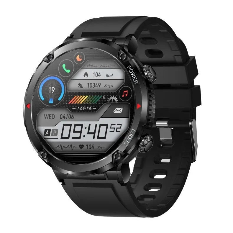 T30 Smart Watch with black silicone strap showing Bluetooth calling and health metrics on IPS screen.