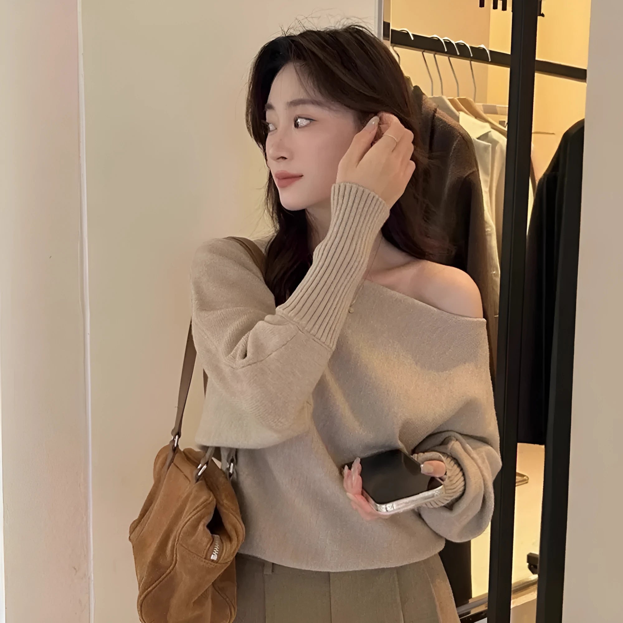 Women's long sleeve pullover blouse in viscose fabric, shown in carbon gray colour