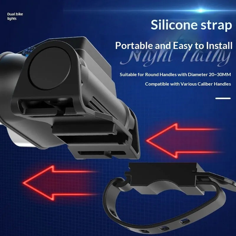 Rechargeable rainproof double-headed bicycle flashlight with aluminium body and power display