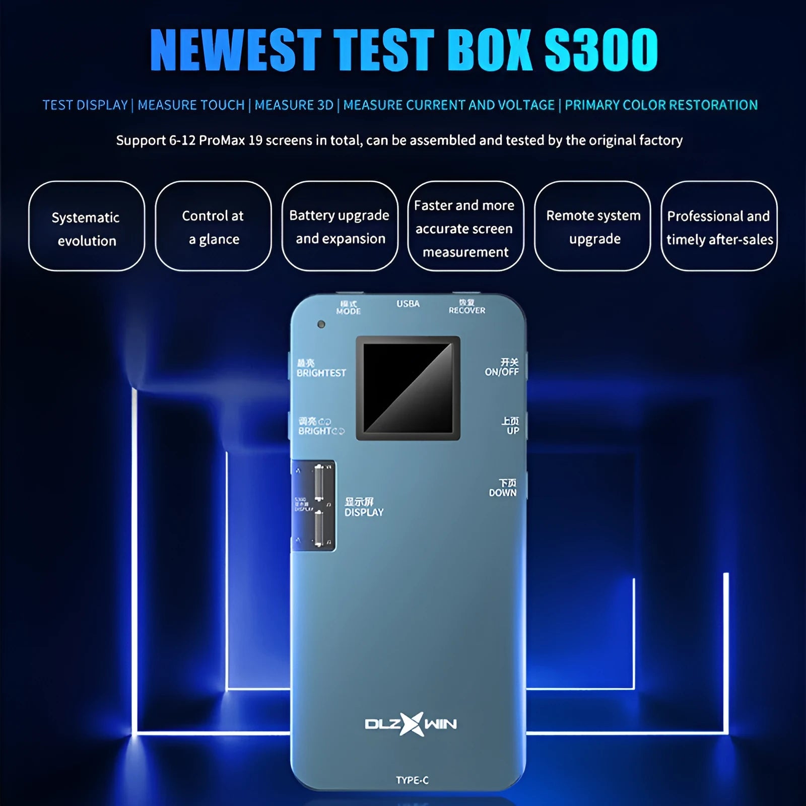 S300 mobile phone screen tester assembly tool for Huawei models on a repair bench.