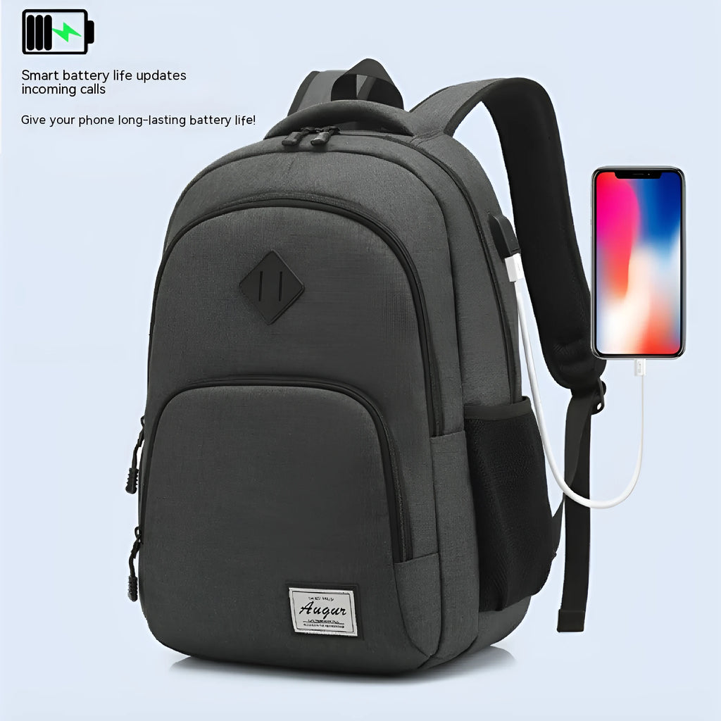 Lightweight grey and black USB charging backpack with external port and thickened nylon fabric.