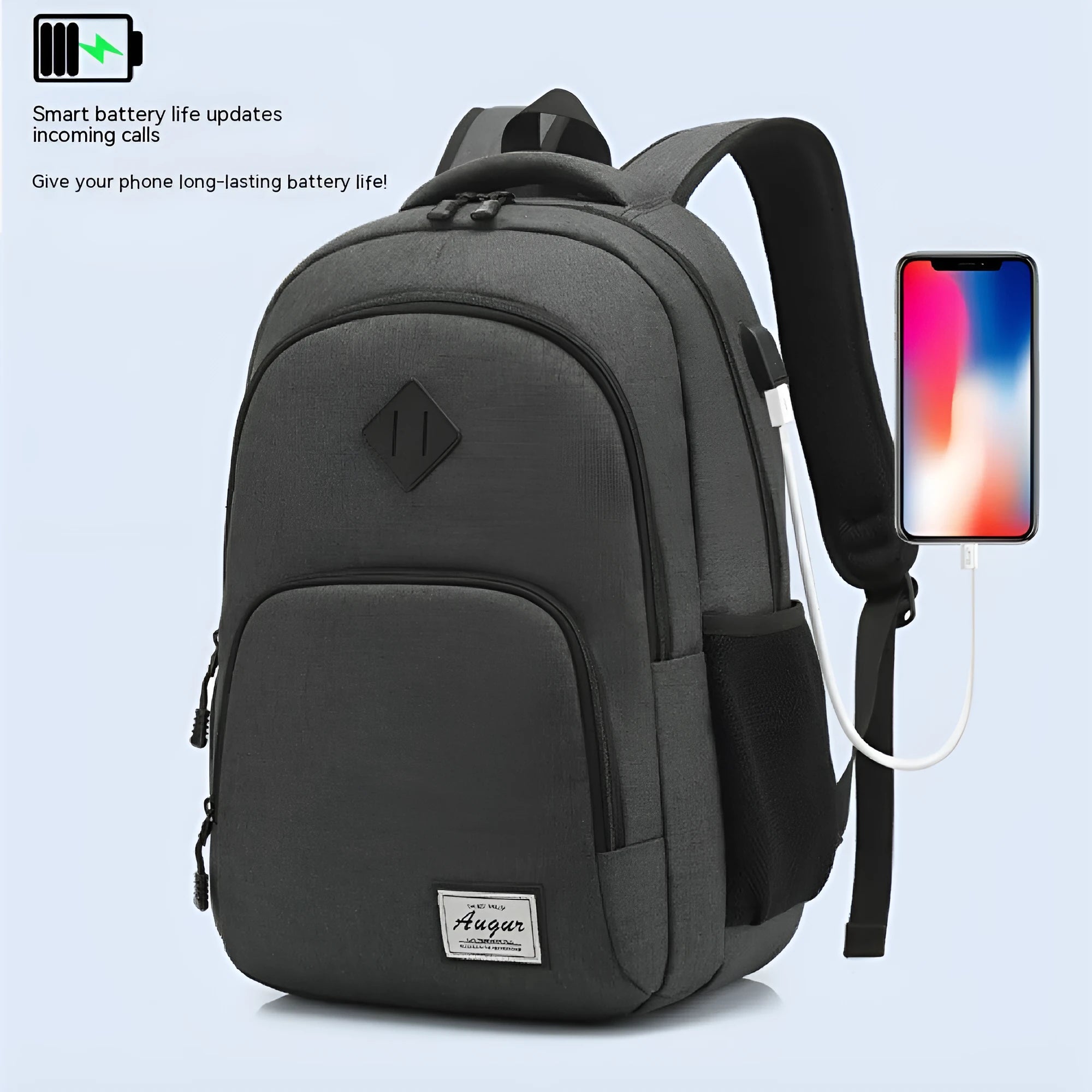Lightweight grey and black USB charging backpack with external port and thickened nylon fabric.