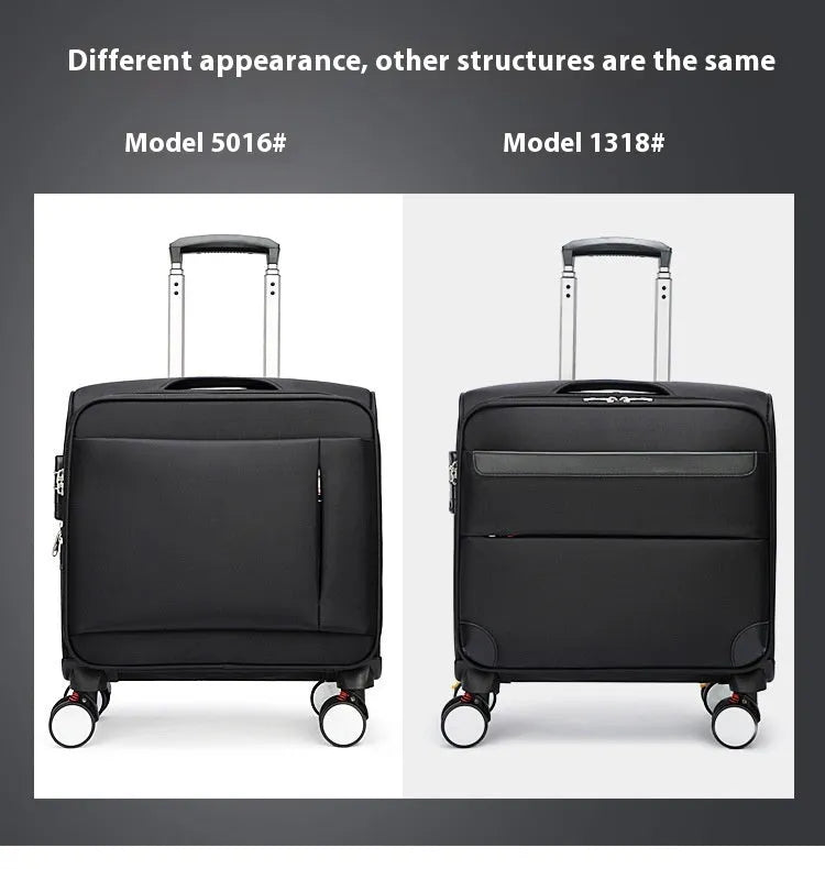 Black 18-inch Oxford cloth carry-on suitcase with retractable handle and universal wheels.