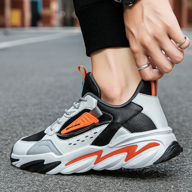 Men's PU leather casual shoes in green and orange colour options, simple style