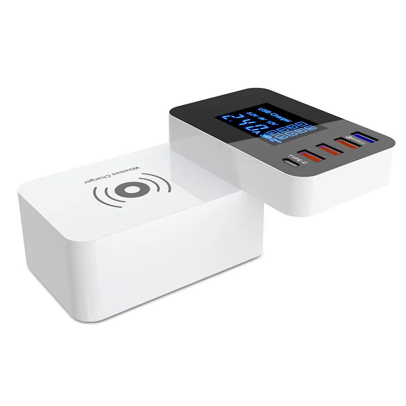 White multi USB port and 10W wireless fast charger with long cable and EU, UK, US plug adapters.