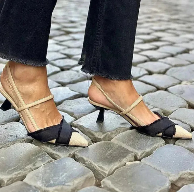 Women's apricot black colour block pointed-toe stiletto sandals with buckle closure