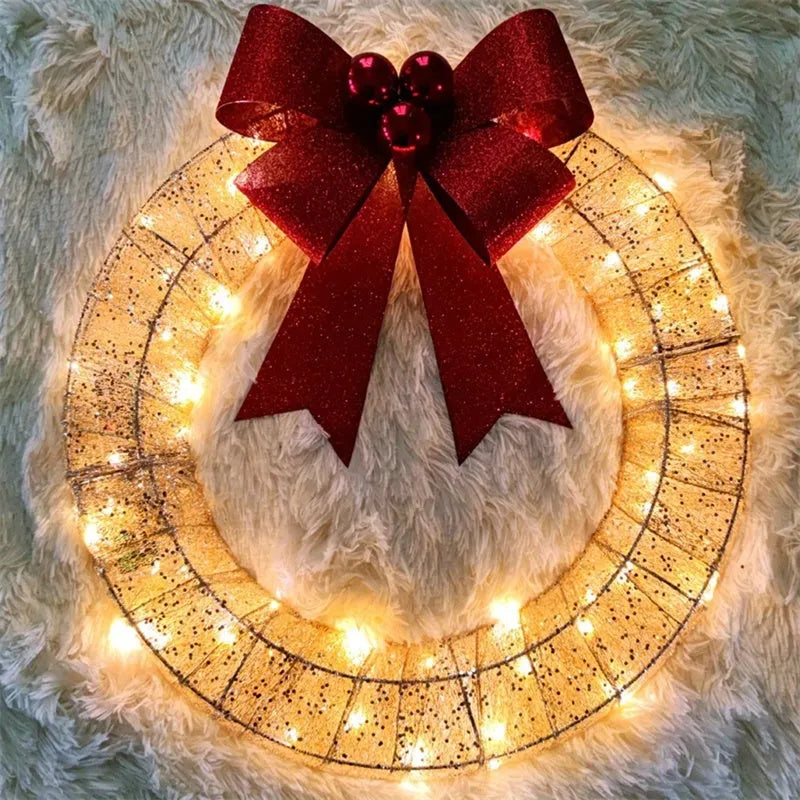50cm handmade Christmas garland with gold and green bowknot, 140 LED lights, and battery-operated timer for door or wall display
