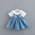Summer solid colour blue cotton dress with rabbit ears and denim fake two-piece design for girls, front view