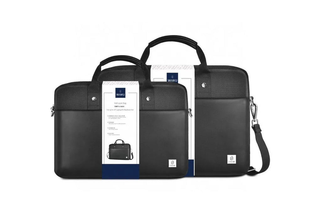Black Oxford cloth laptop handbag showing multi-pocket organiser design and secure lock.