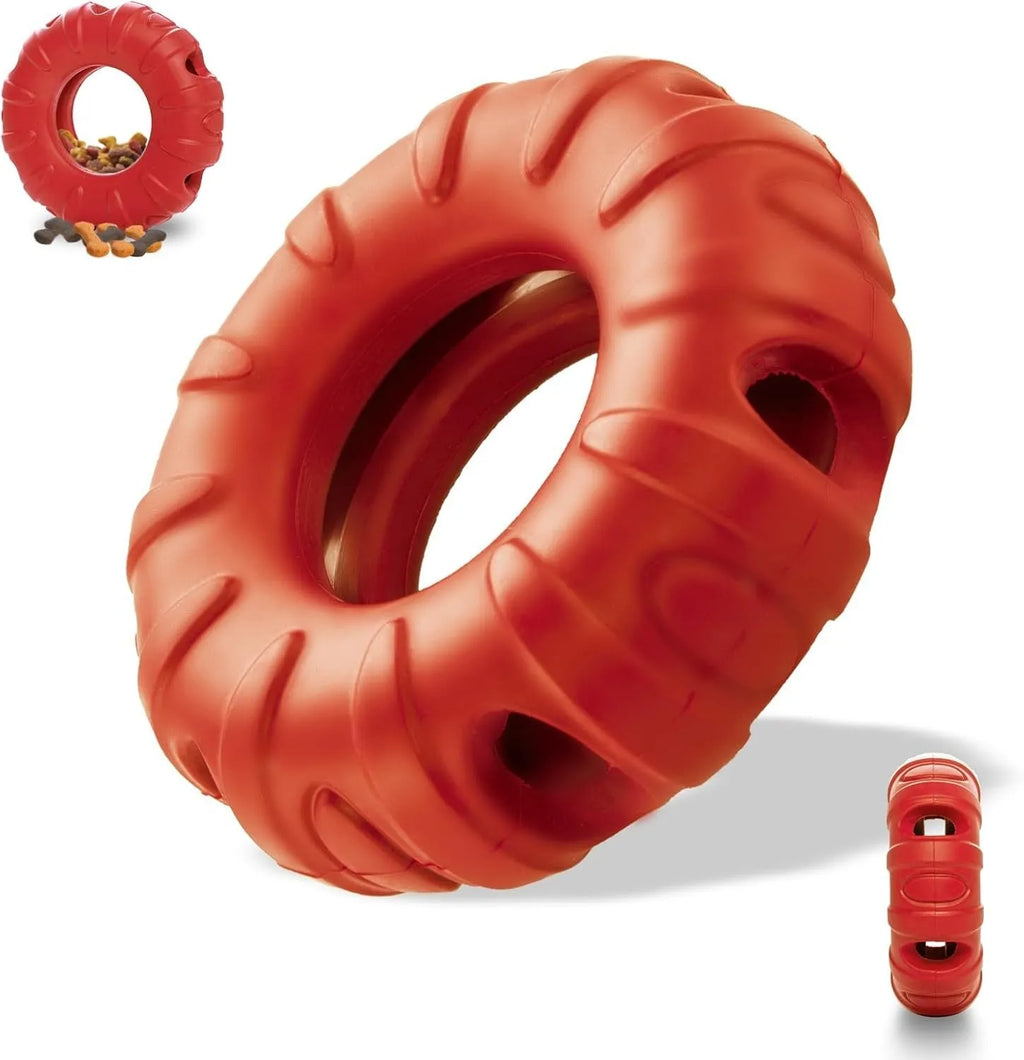 Blue rubber tyre-shaped dog chew toy with oval openings for slow feeding.