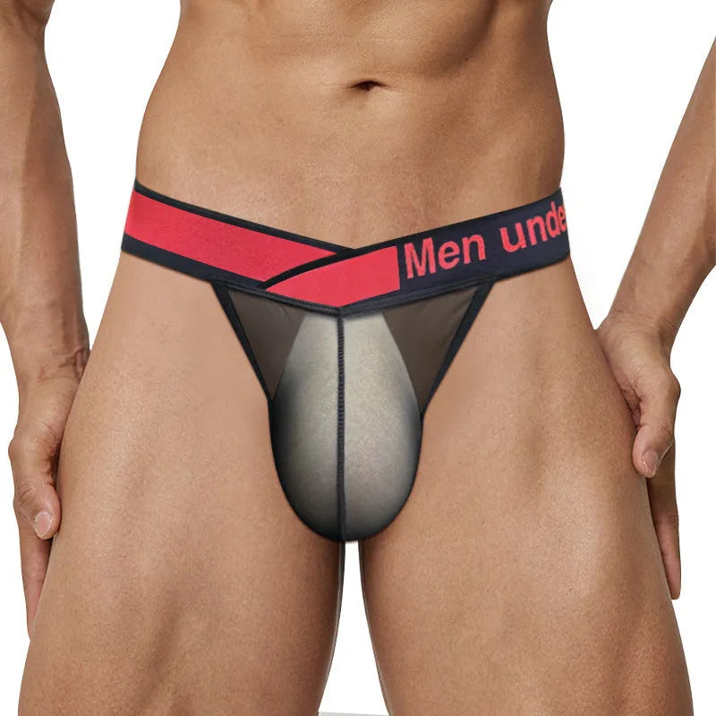 Men's transparent ice silk breathable underwear with large V gradient high fork design in solid colours