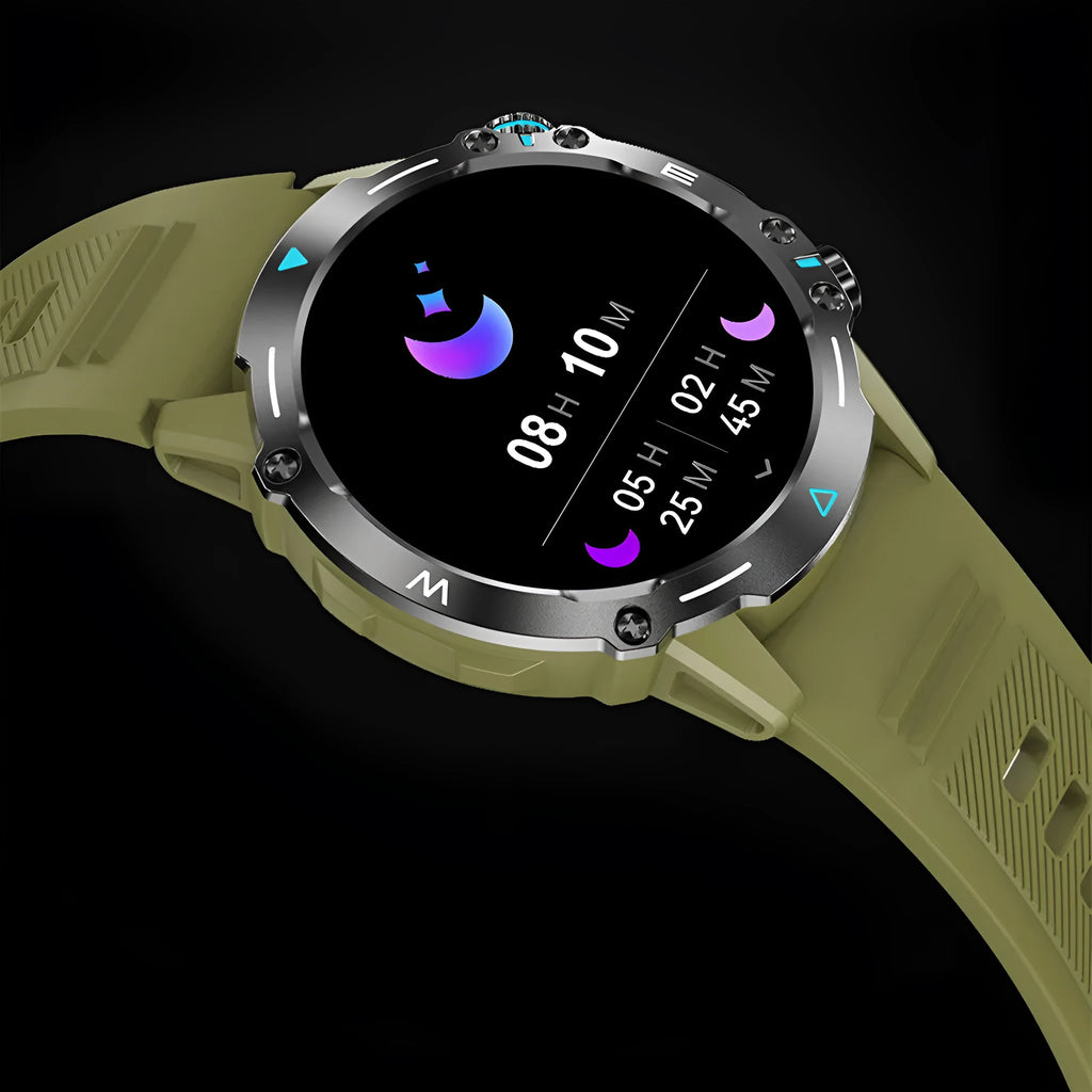 M42 smart watch in black on a wrist, showing its AMOLED screen displaying health metrics.