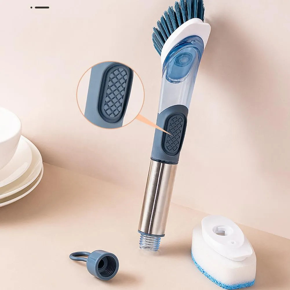 Long-handle kitchen cleaning brush with sponge head and built-in soap dispenser button in blue.