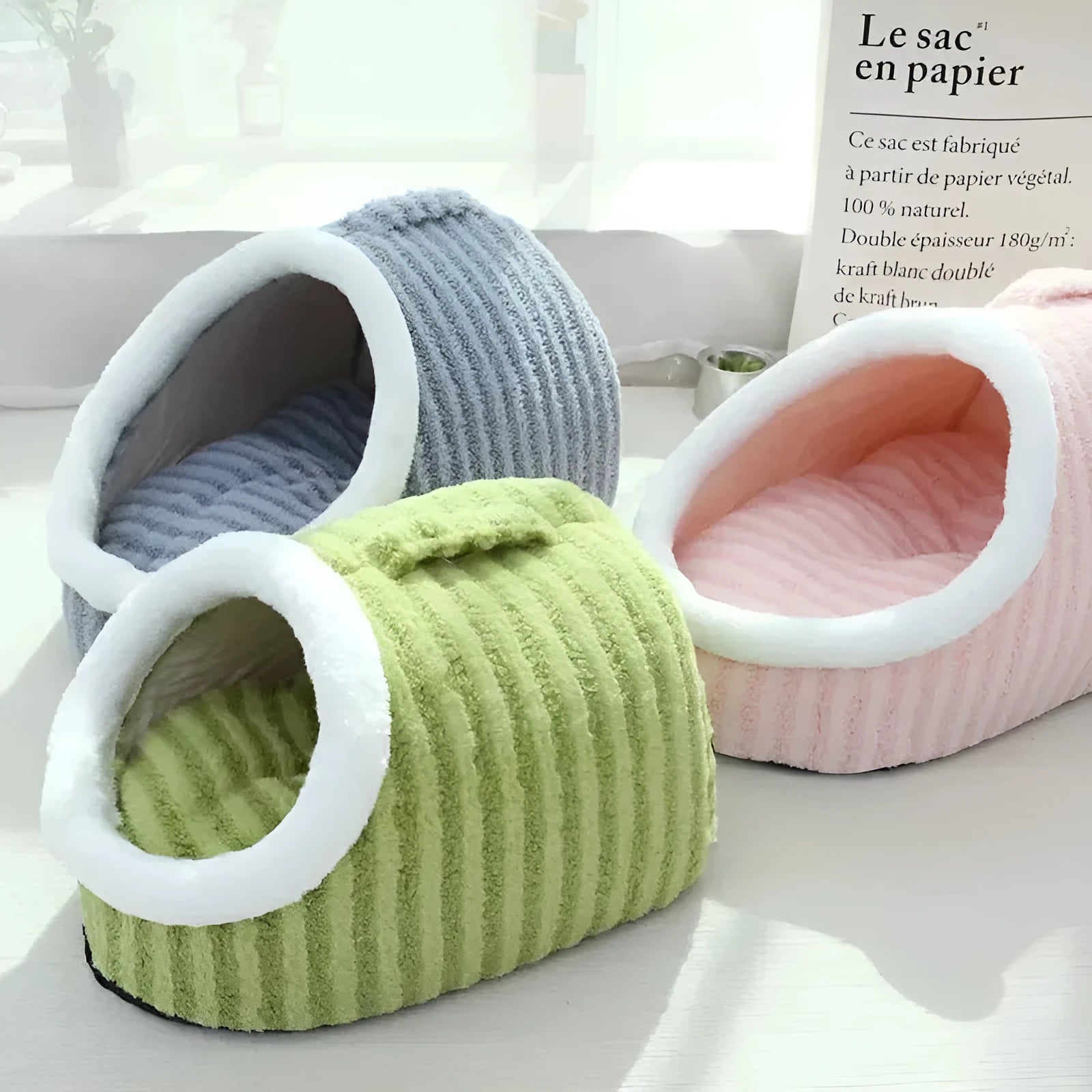 Thickened 3D dog cat bed with removable sponge insert in striped blue fabric