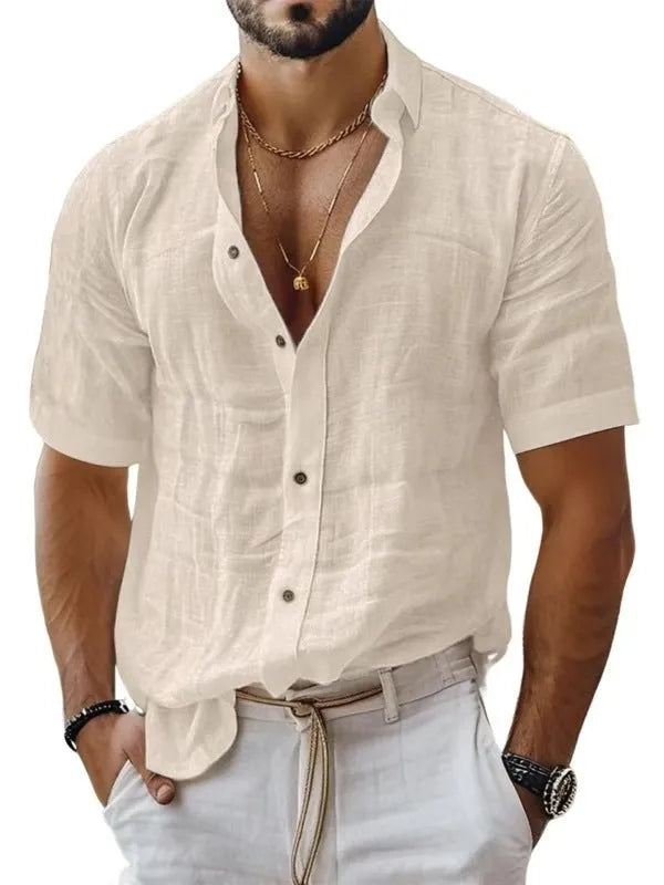 Men's short sleeve lapel shirt in cotton-linen blend with cardigan style open front