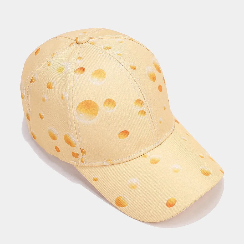 Cheese pattern printed peaked cap with adjustable strap and dome crown