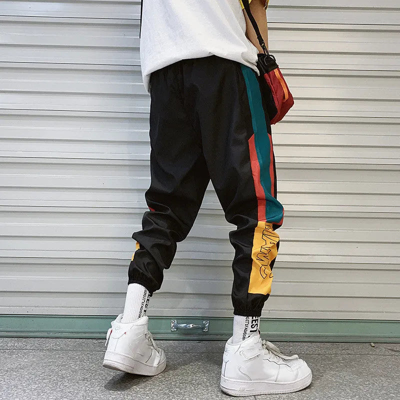 Summer men's Korean loose casual polyester sweatpants in black with elastic drawstring waist
