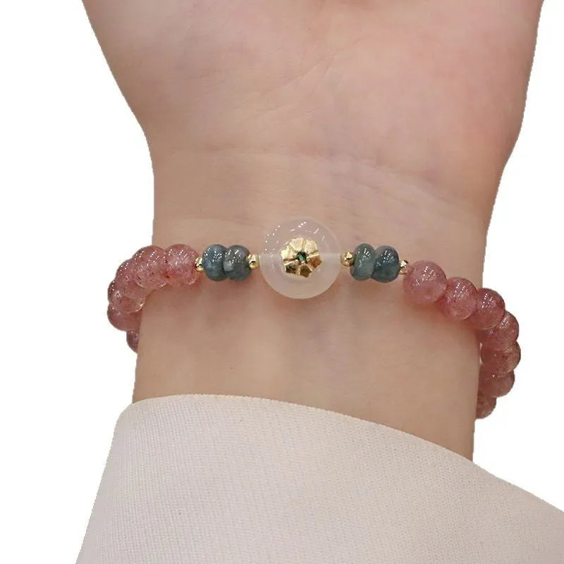 Women's New Chinese style bracelet with strawberry quartz, blue water emerald jade pendant, and electroplated metal elements