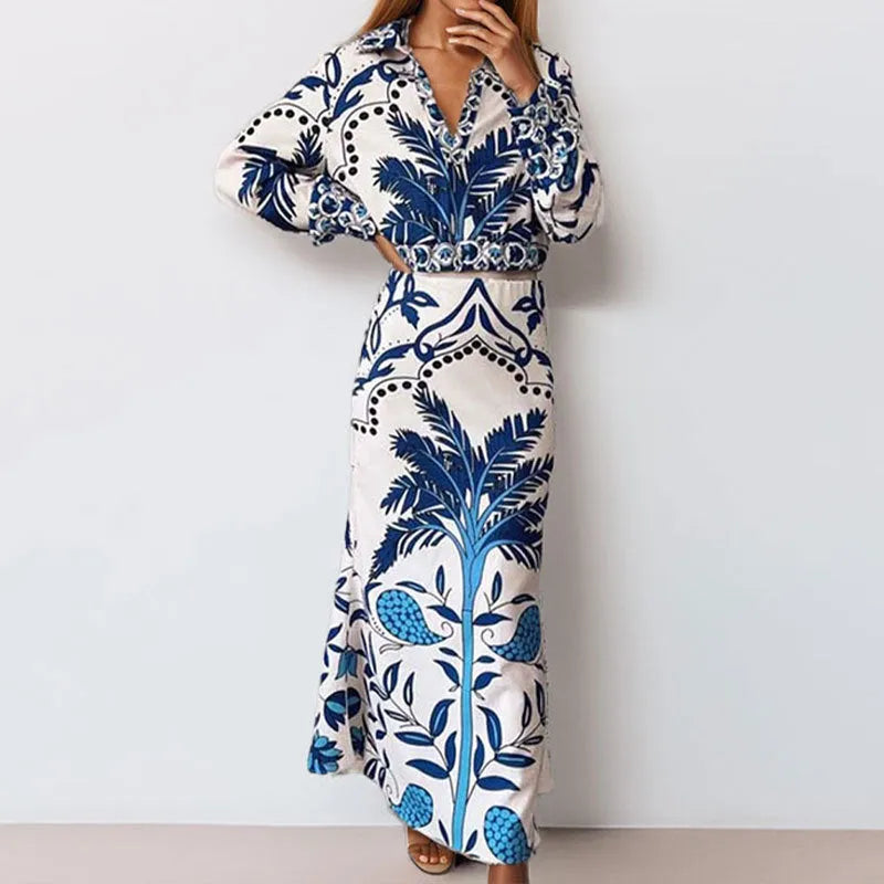 Women's casual outfit set with long sleeve top and long skirt in picture colour.