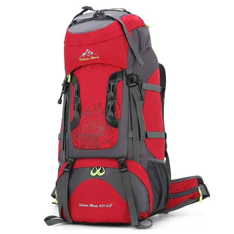 Waterproof polyester hiking backpack 56-75L in red, green, black, light blue or dark blue, 73 x 33 x 23cm, for outdoor sports
