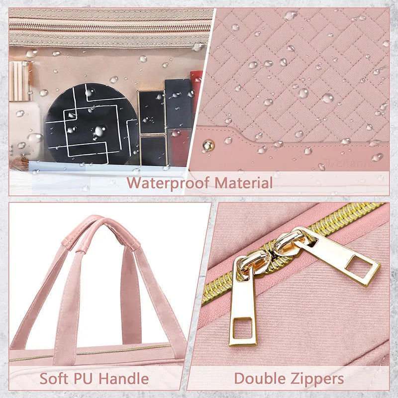 Pink waterproof hanging cosmetic bag with dimensions 30.5 cm wide shown suspended from a hook