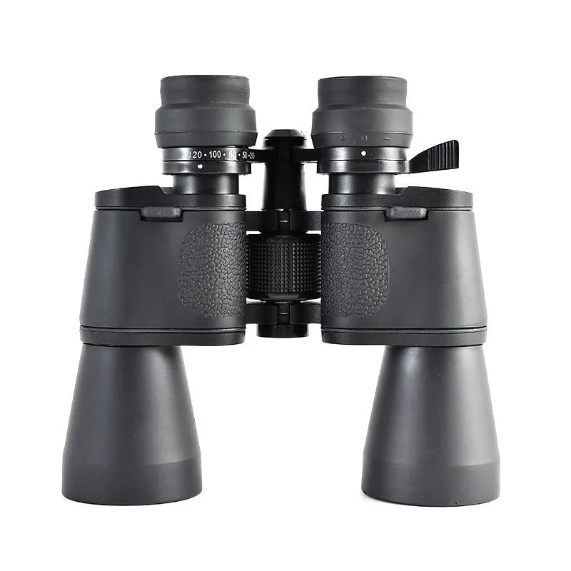 Black outdoor binocular telescope with large objective lenses showing 20-120x100 continuous zoom markings.